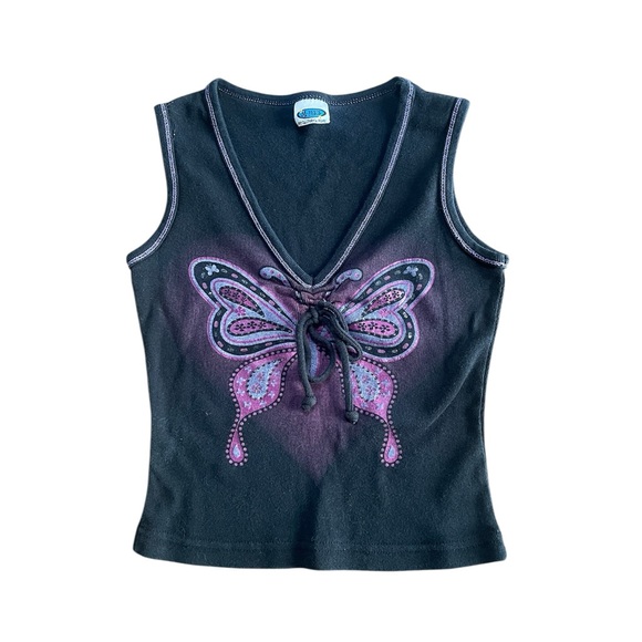 M-Fasis California Blue Y2K VTG Black Baby Doll Tank Top with Butterfly Design - Picture 1 of 5